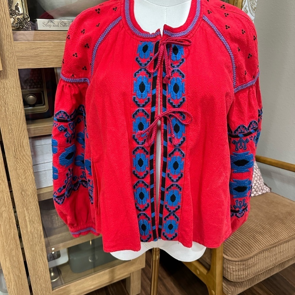 Free People Embroidered Red and Blue tie front Women's Top size small